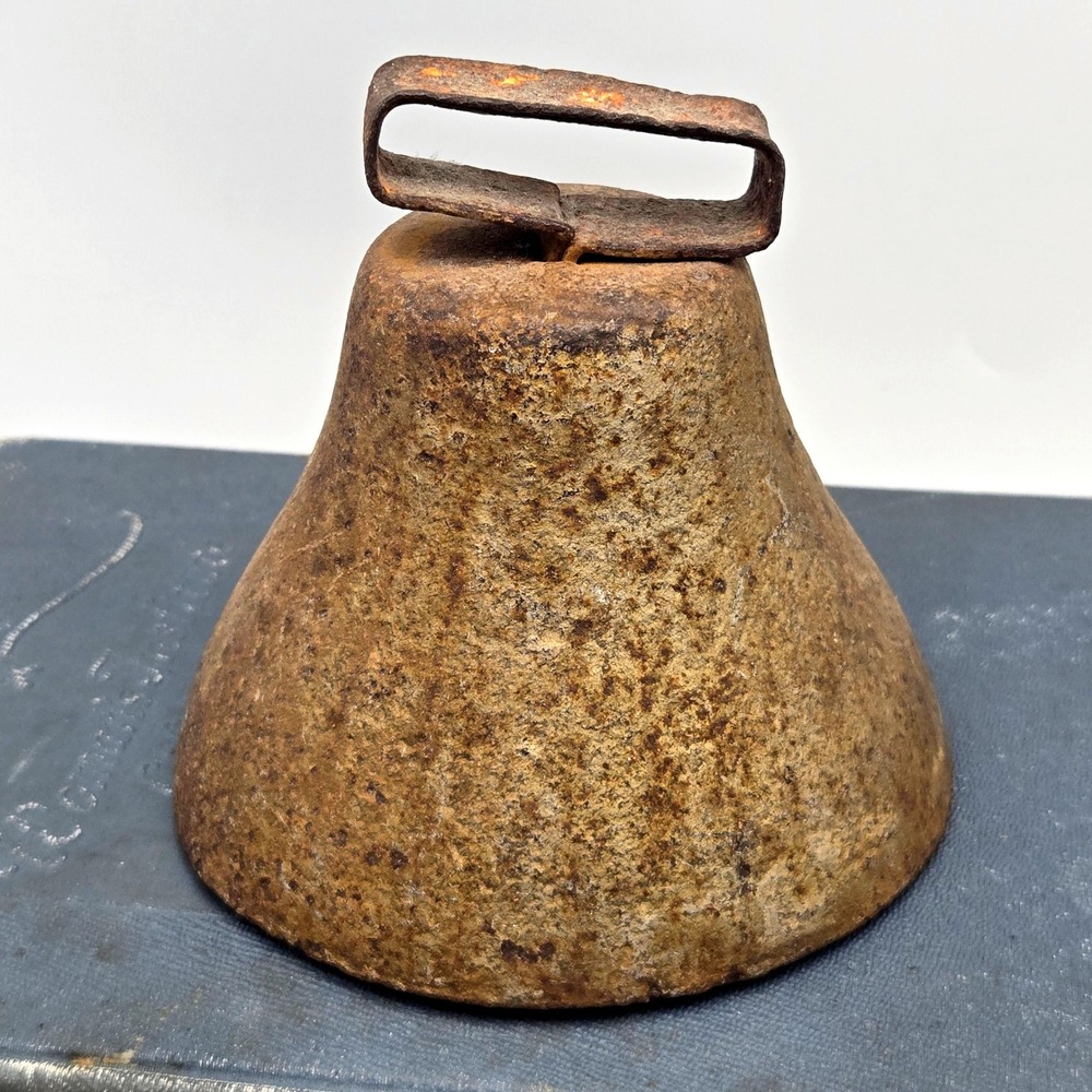 Antique Rustic Iron Cow Bell Primitive Farmhouse Heavy Weathered Patina 4" Tall